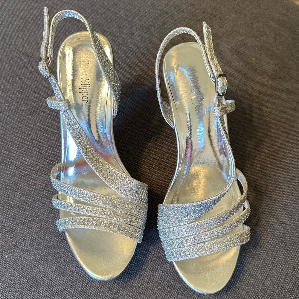 Silver Rhinestone Embellished High Heel Slingbacks